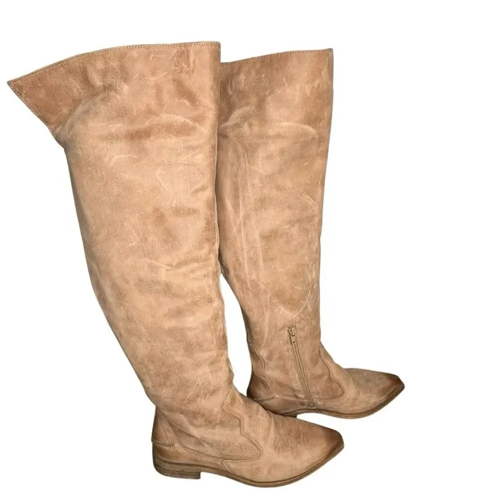Free People Brenna Over The Knee Natural Leather Tall Boots Sz 38/8
